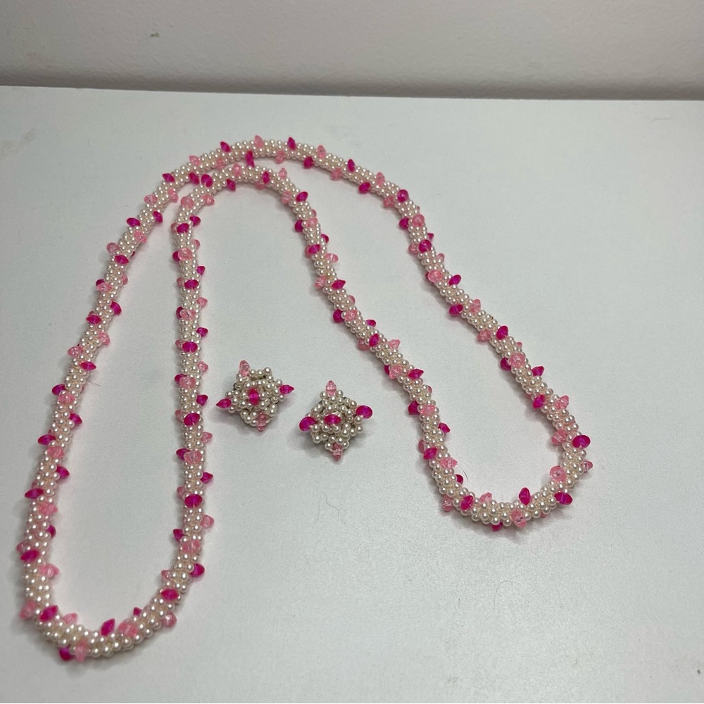 vintage white and pink beaded petal necklace and clip on earrings set